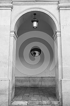 Arcade of Plaza de Dins square in Alcoy city photo