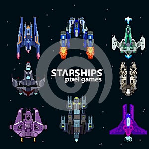 Arcade Retro video game, 8 bit, arcade warships, shooting, map background. Battles under the stars. Old computer games.