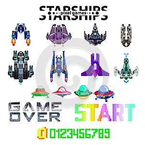 Arcade Retro video game, 8 bit, arcade warships, shooting, map background. Battles under the stars. Old computer games.