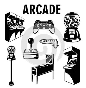 Arcade room. Video game set. Gaming machine. Computer Video Game Joystick and videopad. Gumball machine. Isolated Elements Collect