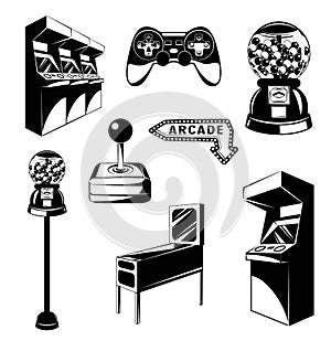 Arcade room. video game set. Gaming machine. Computer Video Game Joystick and videopad. gumball machine