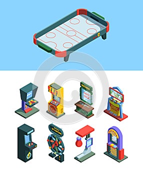 Arcade trainers game machine isometric set. Board game simulators gaming machine for checking strength good luck devices