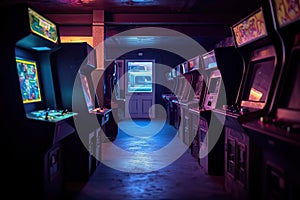 Arcade video games empty dark gaming room purple light glowing vintage splays beautiful old retro design
