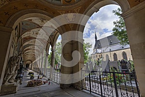 Arcade at the Vysehrad cemetery and church in Prague