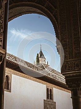 Arcades of carved marble stone Alhambra, Granada, Andalusia, Spain