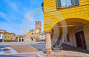 Arcades and Catheral of Lodi, Piazza della Vittoria, Italy