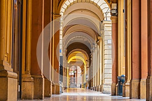 Arcades in the center of old town Bologna Italy