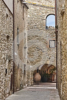 Arcades. Medieval village of Monells. Girona, Costa Brava. Catalunya. Spain photo