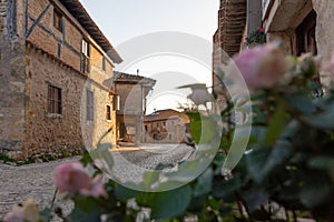 Arcades and old houses, typical medieval architecture in Calatanazor, Soria, Spain