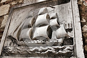 Arcades, pillars, windows and details of Do Carmo convent in Lisbon