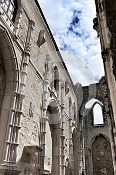 Arcades, pillars, windows and details of Do Carmo convent in Lisbon