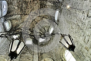 Arcades, pillars, windows and details of Do Carmo convent in Lisbon