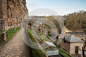 Arcades and Walkway at Stierchen Bridge with Flanking Tower - Luxembourg City, Luxembourg photo