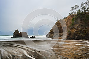 Arcadia Beach under stormy skies on Oregon Coast