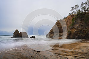 Arcadia Beach under stormy skies on Oregon Coast