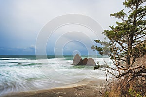 Arcadia Beach under stormy skies on Oregon Coast