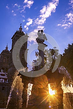 Arcangel Fountain Zocalo Park Plaza Cathedral Sunset Puebla Mexico