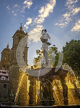 Arcangel Fountain Zocalo Park Plaza Cathedral Sunset Puebla Mexico