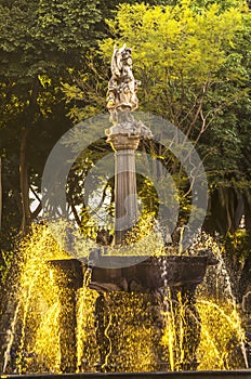 Arcangel Fountain Zocalo Park Plaza Sunset Puebla Mexico