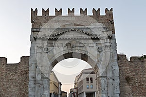 Arch of Augustus at sunset in Rimini, Italy