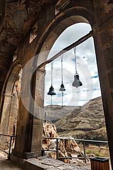 Arch bells view from Church and chapel in Vardzia cave city-monastery in the Erusheti Mountain, Georgia