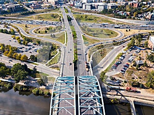 Arch bridge on Speer boulevard in Denver aerial photo