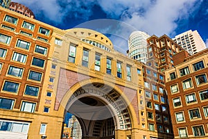 The arch and buildings at Rowes Wharf in Boston, Massachusetts.