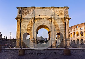 Arch of Constantine Arco di Constantino near Colloseum Coliseum at sunset, Rome, Italy