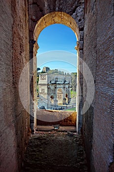 The Arch of Constantine from the Colosseum - landmark attraction in Rome, Italy