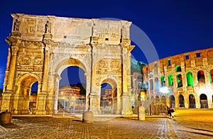 Arch of Constantine and Colosseum at night