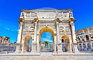 The Arch of Constantine and the Colosseum in Rome, Italy
