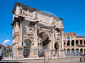 Arch of Constantine the Great emperor Arco di Costantino between Colosseum and Palatine Hill at Via Triumphalis in Rome in Italy