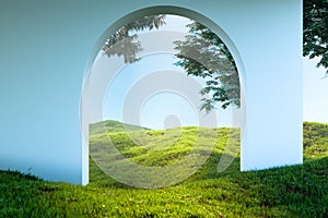 Arch Or Door To heaven Meadow. Beautiful Landscape, Happy Afterlife. 3d rendering