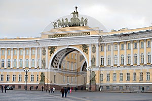 Arch of the General staff building closeup cloudy December day. Saint Petersburg