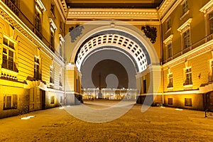 Arch of General Staff Building in night snowfall