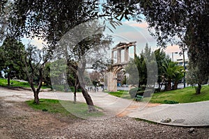 The Arch of Hadrian, most commonly known in Greek as Hadrian`s Gate nearby the archaeological site of Olympieion Temple of Olympi