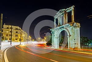 Arch of Hadrian at night, Athens, Greece