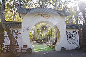 Arch with japanese hieroglyphs and drawings