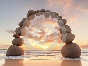 Arch made with pebbles on the beach at sunset