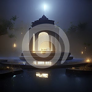 An arch in the middle of the lake at night with a fog. Generative AI