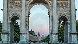 Arch of Peace in Simplon Square day to night timelapse. It is a neoclassical triumph arch