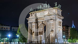 Arch of Peace in Simplon Square timelapse at night. It is a neoclassical triumph arch