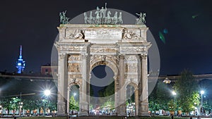 Arch of Peace in Simplon Square timelapse at night. It is a neoclassical triumph arch