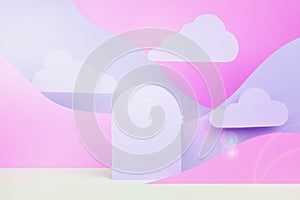 Arch podium mockup, abstract mountain landscape - purple, lilac, white color slopes, sunbeam glare, clouds in baby cartoon naive.