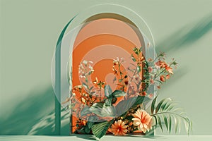 Arch shape on orange and green wall flowers on the sides with light and shadow. Florals and botanicals