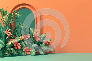 Arch shape on orange and green wall flowers on the sides with light and shadow. Florals and botanicals