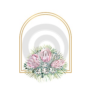 Arch-shaped gold frame with protea flowers, tropical leaves, palm leaves, bouvardia flowers. Wedding bouquet in a frame