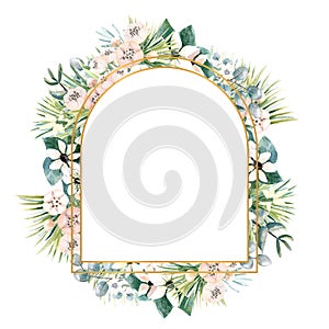 Arch-shaped gold frame with small flowers of actinidia, bouvardia, tropical and palm leaves. Wedding bouquet in a frame