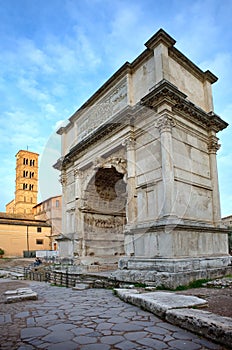 Roman Forum. The Arch of Titus (Arco di Tito) - landmark attraction in Rome, Italy
