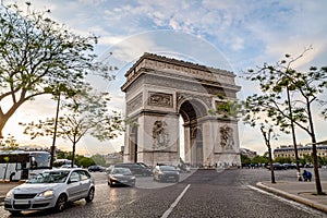 Arch of Triumph and Place Charles-de-Gaulle at sunset. Paris, France.